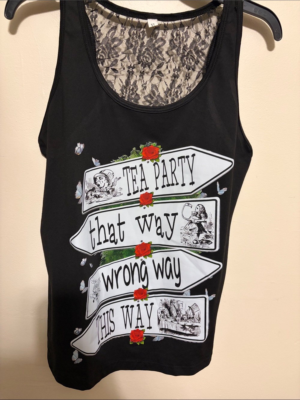 Disney Black Tank Top with White Signpost Graphic and Red Rose Accents